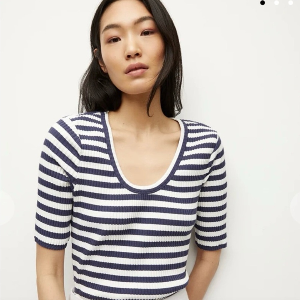 Veronica Beard Anafi Striped Cotton Ribbed scoop neck Tee Shirt Size Large